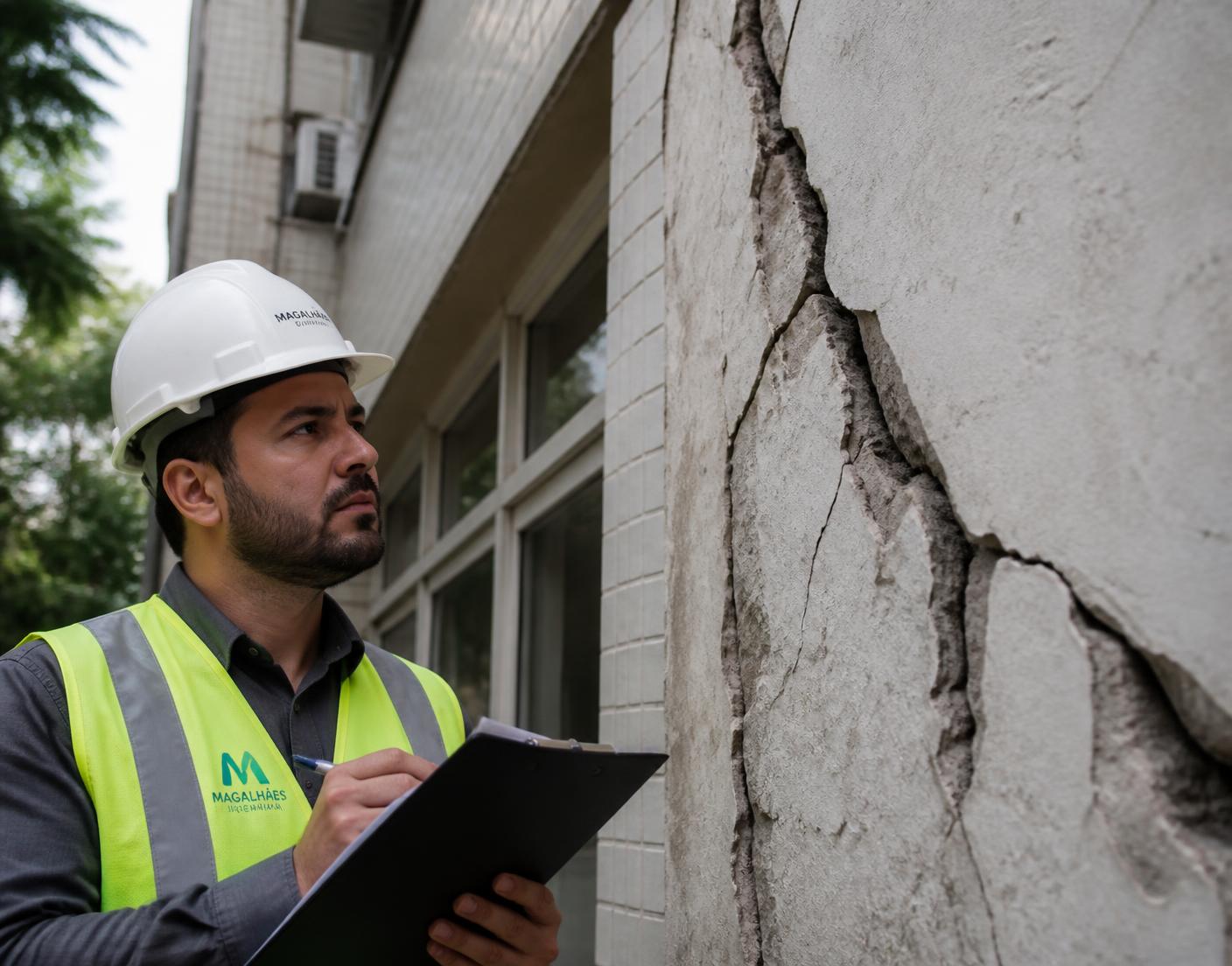 Engenheiro civil da Oap Engenharia em vistoria de fachada com trinca estrutural