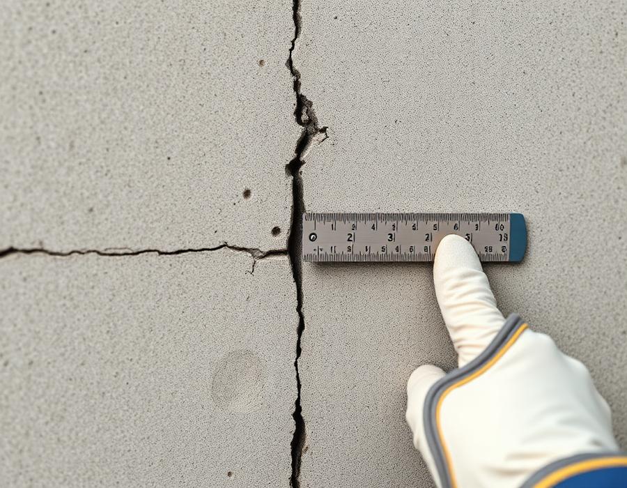 Medição de trinca em parede de concreto com fissurômetro